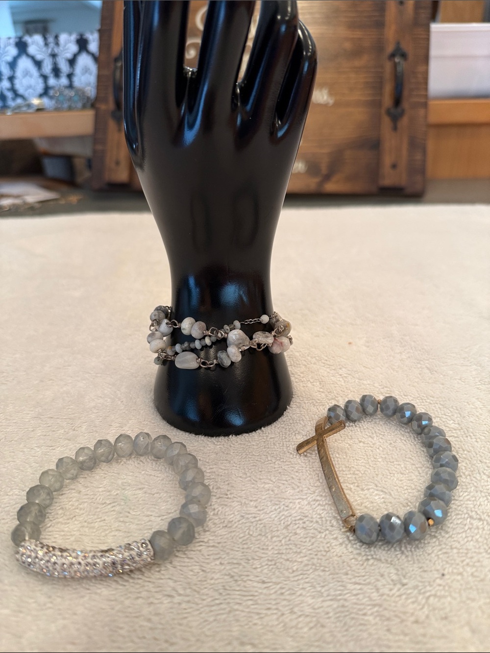 THREE Gray Beaded Bracelets - Silver, Crystal & Gold Accents